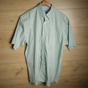 JOS A BANK Mens Short Sleeve Button Down Shirt Light Blue Yellow Plaid Cotton L